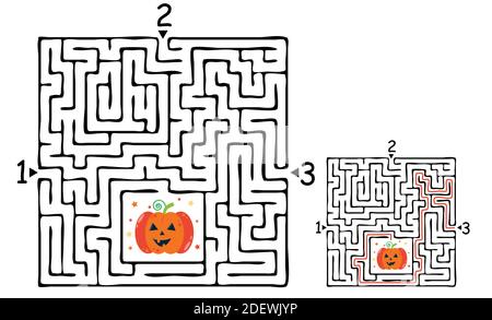 Square halloween Labyrinth Labyrinth-Spiel für Kinder. Labyrinth Logik Rätsel. Drei Eingänge und eine richtige Weg zu gehen. Vektorgrafik flach Stock Vektor