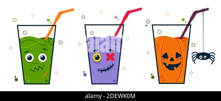 Halloween Party Cocktail-Set mit gruseligen niedlichen Charakter Gesichter. Trinken Sie mit einem Strohhalm. Cartoon-Illustration Stock Vektor