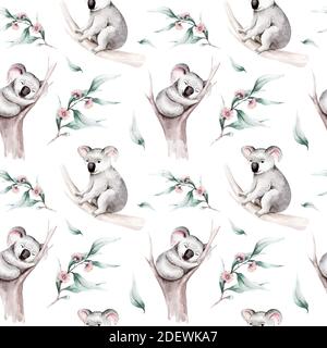 Aquarell nahtlose Muster Cartoon Baby Koala tropischen Tier Illustration. Exotischer Sommerdruck im Dschungel. Isoliertes Design des australischen Zoos Stockfoto