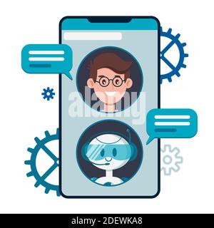 Chatbot-Konzept. Benutzer chatten mit niedlichen Roboter Chat bot auf dem Smartphone. Flache Cartoon-Vektor-Illustration für Website, Banner, Web, mobile Anwendung Stock Vektor