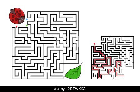 Quadratisches Labyrinth Labyrinth mit Comic-Figuren. Niedlicher Marienkäfer. Interessantes Spiel für Kinder mit Lösung. Arbeitsblatt für die Ausbildung. Stock Vektor