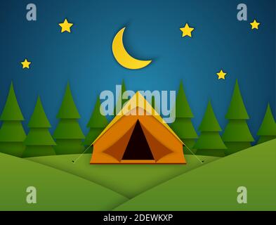 Sommercamp. Landschaft mit gelbem Zelt, Stock Vektor