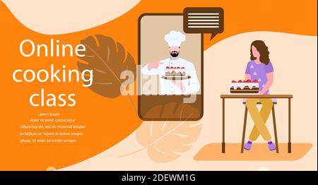Vektor-Illustration Kochen Online-Meisterkurs Frau Kochen zu Hause während Streaming Online-Lektion Kochkunst Video-Kanal, Blog mit Koch Vorbereitung h Stock Vektor