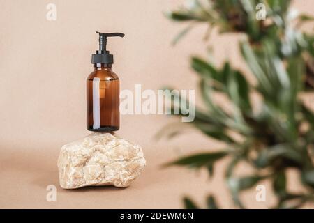 Braune Glasflasche mit Pumpe von kosmetischen Produkten auf Stein von grünen Blättern der Zweige eingerahmt, beige Hintergrund. Natürliche organische Spa kosmetische Schönheit C Stockfoto