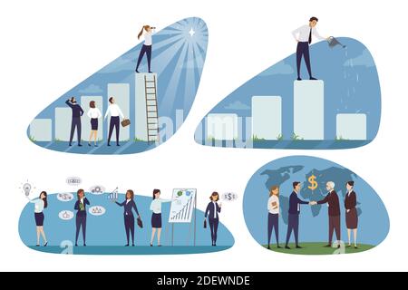 Business, Teamwork, finanzieller Erfolg Set Konzept. Sammlung von Geschäftsleuten Männer Frauen Büroangestellte Manager planen bei Treffen machen globale Vereinbarung zusammen. Career Growth Finanzierung Vereinbarung Investitionen. Stock Vektor