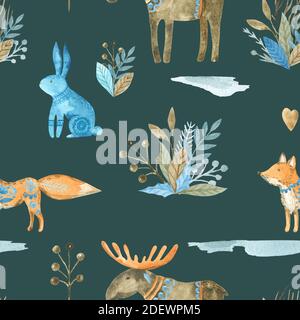 Nahtloses Muster der Volkswaldtiere Fuchs Elch Kaninchen. Aquarell Illustration handbemalt Stockfoto