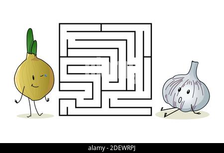 Quadratisches Labyrinth Labyrinth mit Comic-Figuren. Süße Zwiebel und Knoblauch. Interessantes Spiel für Kinder. Arbeitsblatt für die Ausbildung. Stock Vektor