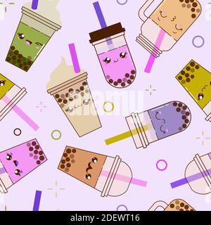 Kawaii Nahtloses Muster mit boba Bubble Milchtee auf violettem Hintergrund. Ein beliebtes taiwanesisches Getränk mit Tapioka-Perlen. Niedliche Coctail Cups Stock Vektor