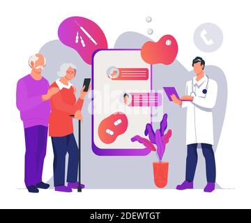 Ältere Menschen online medizinische Unterstützung Banner mit einem Arzt Beratung ein älteres Paar aus der Ferne. Online-medizinische Dienstleistungen und medizinische Beratung für t Stock Vektor