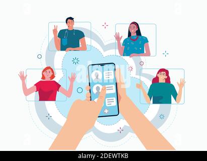 Empfehlen Sie einen Freund Konzept für Landing Page, Web, Vorlage, mobile App, ui. Hände halten Telefon mit Kontakten von Freunden. Social Media und refferal Stock Vektor