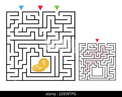 Square Labyrinth Labyrinth Spiel für Kinder. Labyrinth Logik Rätsel. Drei Eingänge und eine richtige Weg zu gehen. Vektorgrafik flach Stock Vektor