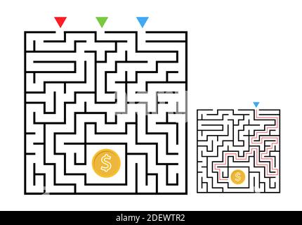 Square Labyrinth Labyrinth Spiel für Kinder. Labyrinth Logik Rätsel. Drei Eingänge und eine richtige Weg zu gehen. Vektorgrafik flach Stock Vektor