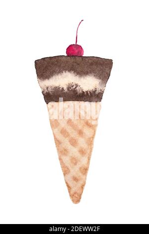Schokolade Aquarell Eis creamb mit Kirsche in Waffelkegel isoliert auf weißem Hintergrund. Stockfoto