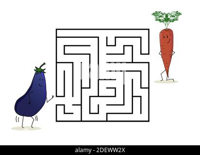 Quadratisches Labyrinth Labyrinth mit Comic-Figuren. Süße Aubergine und Karotte. Interessantes Spiel für Kinder. Arbeitsblatt für die Ausbildung. Stock Vektor