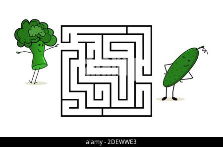 Quadratisches Labyrinth Labyrinth mit Comic-Figuren. Süße Gurke und Brokkoli. Interessantes Spiel für Kinder. Arbeitsblatt für die Ausbildung. Stock Vektor