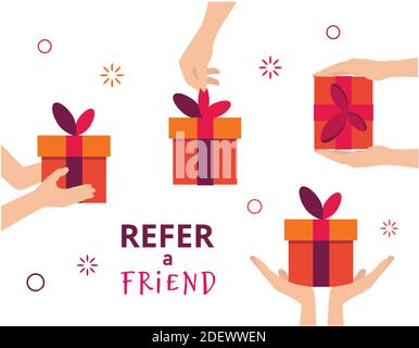 Empfehlen Sie einen Freund. Empfehlungsmarketing-Konzept. Abbildung von zwei Personen Hände und Geschenk-Box. Vektorgrafik flach Stock Vektor