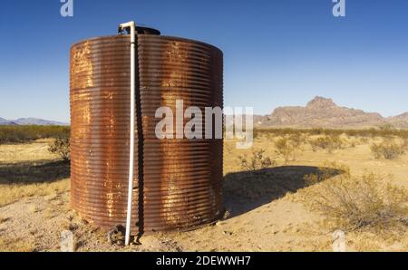 TONAPAH, ARIZONA, USA - Nov 27, 2020: Auf dem offenen Bereich des nördlichen Maricopa County sind Wassertanks aufgestellt, damit Rinder einen Drink bekommen können. Dies Stockfoto