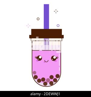 Pink Bubble Milch Tee Anzeigen mit leckeren Tapioka schwarzen Perlen. Nette Blase Tee kawaii lächelte Charakter. Taiwanesisches berühmtes und beliebtes Getränk Boba Stock Vektor