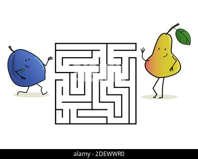 Quadratisches Labyrinth Labyrinth mit Comic-Figuren. Süße Früchte Pflaume und Birne. Interessantes Spiel für Kinder. Arbeitsblatt für die Ausbildung. Stock Vektor