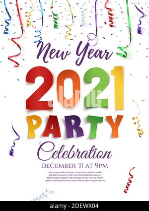 Silvester 2021 Party Poster Vorlage mit Konfetti und bunten Bändern. Stock Vektor