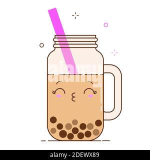 Brown Bubble Milch Tee Anzeigen mit leckeren Tapioka schwarzen Perlen. Nette Blase Tee kawaii lächelte Charakter. Taiwanesisches berühmtes und beliebtes Getränk Boba Stock Vektor