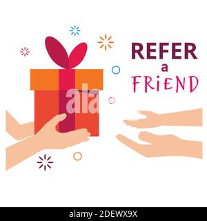 Empfehlen Sie einen Freund. Empfehlungsmarketing-Konzept. Abbildung von zwei Personen Hände und Geschenk-Box. Vektorgrafik flach Stock Vektor