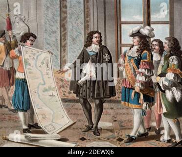 Jean-Baptiste Colbert (1619-1683) präsentiert seine Projekte einschließlich einer Karte des Canal du Midi zu Louis XIV (eng 1788) (Sergent, Morret) König von Frankreich. Gravur oder Vintage Illustration. Stockfoto