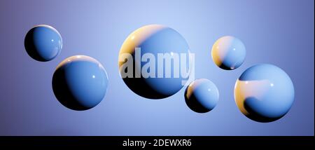 Abstrakte schwebende runde Kugeln, Kugeln oder Kugeln, cgi Rendering Illustration, Hintergrund Wallpaper Rendering, bunte Beleuchtung, blau, gelb Stockfoto