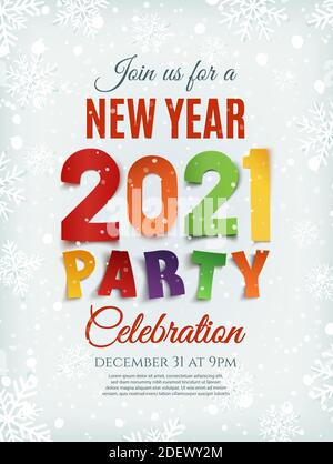 Silvester Party 2021 Poster Vorlage mit Schnee und Schneeflocken. Stock Vektor