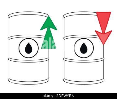 Anstieg und Rückgang der Ölmarktpreise. Satz von Vektorgrafiken für den Umriss eines Ölfasses und roten Pfeil nach oben und unten. Steigende Nachfrage. Kraftstoffs Stock Vektor