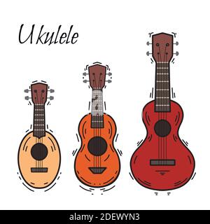 Set von Kontur Farbe Ukulele mit Dekoration. Hawaiianische Musik. Musiksaiteninstrument. Vektorkonturelement für Postkarten, Banner, Malvorlagen Stock Vektor