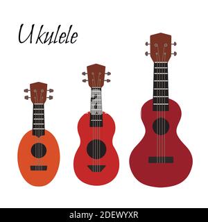 Set von flachen Farbe Cartoon Ukulele. Hawaiianische Musik. Musiksaiteninstrument. Vektor-Element für Postkarten, Banner, Aufkleber und Ihre Kreativität Stock Vektor