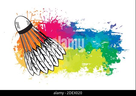 Konturskizze eines Federocks mit Schraffur auf Regenbogen-Grunge-Spur mit Aquarellspritzern. Ausrüstung für Sportspiele. Vektor-Vorlage für Protokoll Stock Vektor