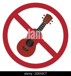 Ukulele im Verbotszeichen. Verbot lauter Musik. Keine musikalische Darbietung. Vektorobjekt für Aufkleber, Icons, Logos und Ihr Design. Stock Vektor