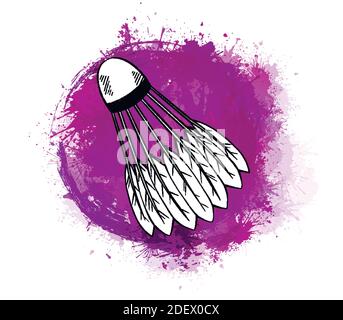 Konturskizze eines Federocks mit Schraffur auf violettem Grunge-Kreis mit Wasserkoloje-Spritzern. Ausrüstung für Sportspiele. Vektorkonturobjekt fo Stock Vektor