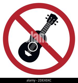 Schwarze Silhouette von Ukulele im Verbotsschild. Verbot lauter Musik. Keine musikalische Darbietung. Vektor-Objekt für Aufkleber, Symbole, Logos und y Stock Vektor