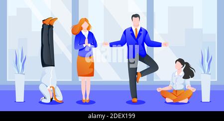 Business Team Manager haben 5 Minuten Pause, Yoga im Büro. Frauen und Männer meditieren im modernen Kabinett. Vektorgrafik. Konzept für Teamaufbau Stock Vektor