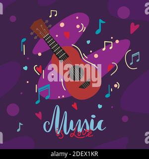 Musik ist Liebe. Original-Schriftzug mit Ukulele, Herz und Noten auf dunkelviolettem abstraktem Hintergrund. Hobby und Interesse. Vektorgrafik wi Stock Vektor