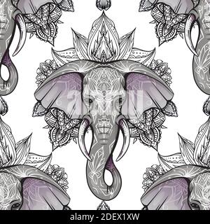 Nahtloses Muster mit ethnischem Elefantenkopf mit Mehendi Dekoration und Mandala auf weißem Hintergrund. Spiritueller Ganesha mit Tribal Dekoration. Vektor t Stock Vektor