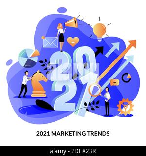 Digitale Marketing-Trends, Strategie und Business-Plan für das neue Jahr 2021. Erwartungs- und Perspektivkonzept. Vektor flache Cartoon-Illustration für Web Stock Vektor