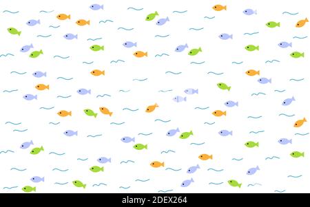 Nahtloses Muster mit Fisch. Bunte Fische schwimmen in Scharen im Fluss. Verwenden Sie für Hintergrund oder Druck auf Stoff. Vektorgrafik Cartoon Illustration. Stock Vektor