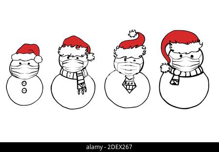 Cartoon Schneemann in Santa Claus Hüte mit schützenden Gesichtsmasken. Weihnachten ist in Quarantäne. Sicherer Urlaub während einer Pandemie. Satz von Vektorobjekten für Stock Vektor