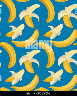 Cartoon nahtlose Muster mit saftigen Bananen auf blauem Hintergrund. Tropische, trendige Früchte. Vektor-Kontrastmuster für Stoffe, Tapeten und Ihre Kreat Stock Vektor