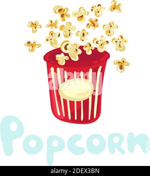 Niedliches Popcorn, das aus gestreiftem Karton auf weißem Hintergrund isoliert fliegt. Übersäter Haufen von Maiskörnern. Filmkonzept. Flache Abbildung, Doodle Stock Vektor