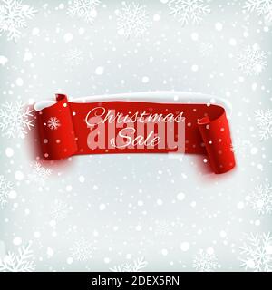 Weihnachtsangebot, rotes realistisches Papierband auf Winterhintergrund. Stock Vektor