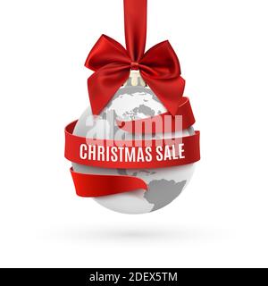 Weihnachtsverkauf, Erde Ikone mit roter Schleife und Band um. Stock Vektor