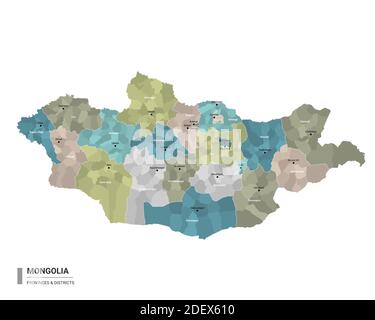 Mongolei Higt Detailkarte mit Unterteilungen. Administrative Karte der Mongolei mit Bezirken und Städten Namen, farbig nach Staaten und administrative dist Stock Vektor