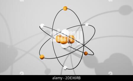 3D-Modell eines Atoms mit Atomkern, Elektronen, Protonen und Neutronen umkreisen, kreisförmiger Pfad, cgi Rendering Illustration, weißer Hintergrund, Rendering Stockfoto