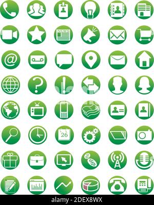 Medien- und Kommunikationssymbole in Kreisen isoliert auf weißem Hintergrund. Web- und Internet-Symbole. Symbolsammlung. Stock Vektor