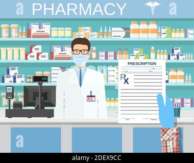 Hand mit einem verschreibungspflichtigen rx-Formular. Stock Vektor